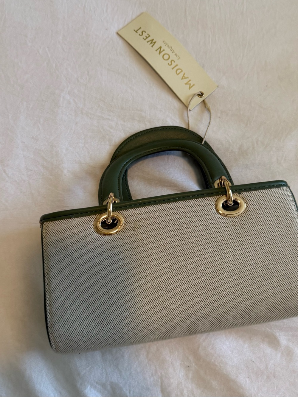Madison West Cream Canvas Satchel with Green Trim